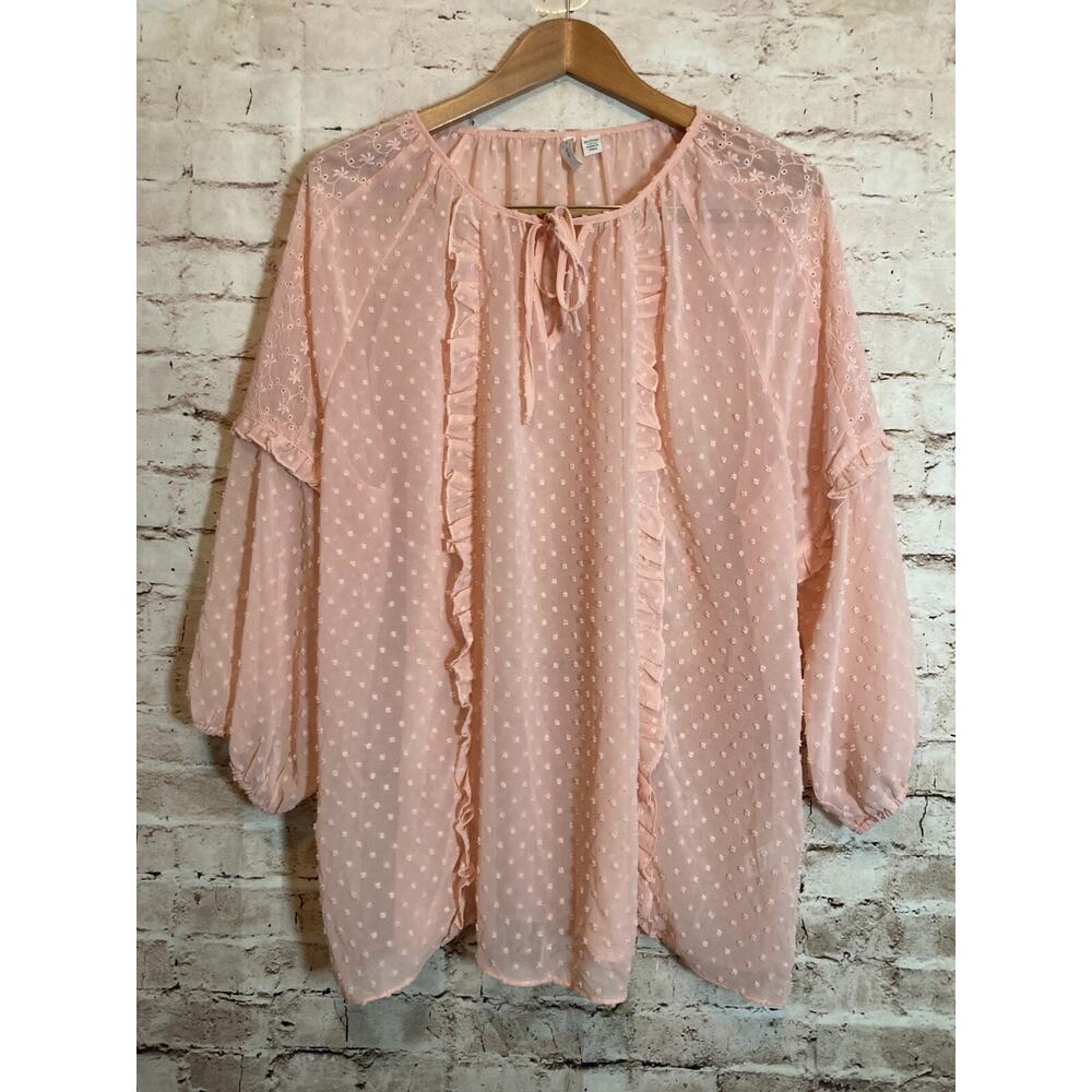 Cato Peasant Top Women 18/20W Pale Pink Pom Dots Coquette Feminine Dainty Ruffle